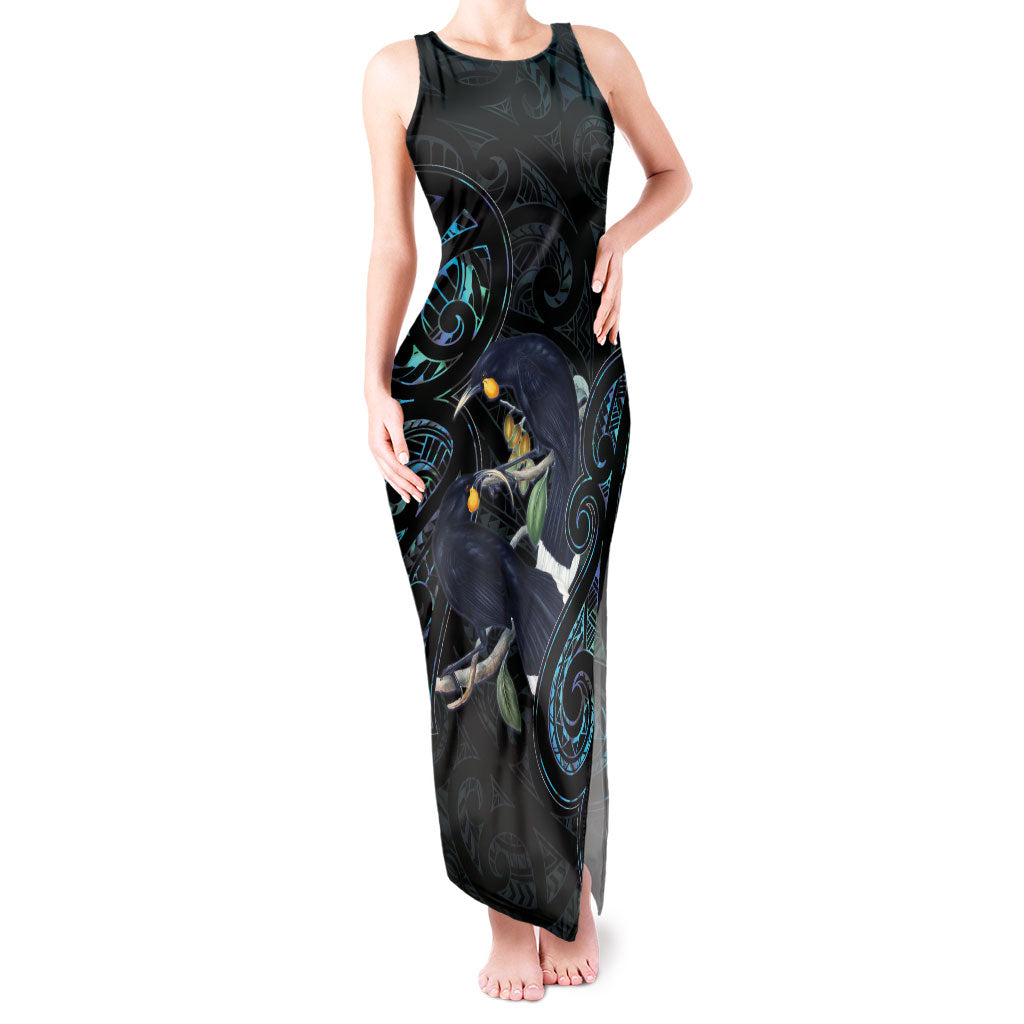 New Zealand Huia Bird Tank Maxi Dress Paua Shell Maori Pattern LT22 Women Black - Polynesian Pride