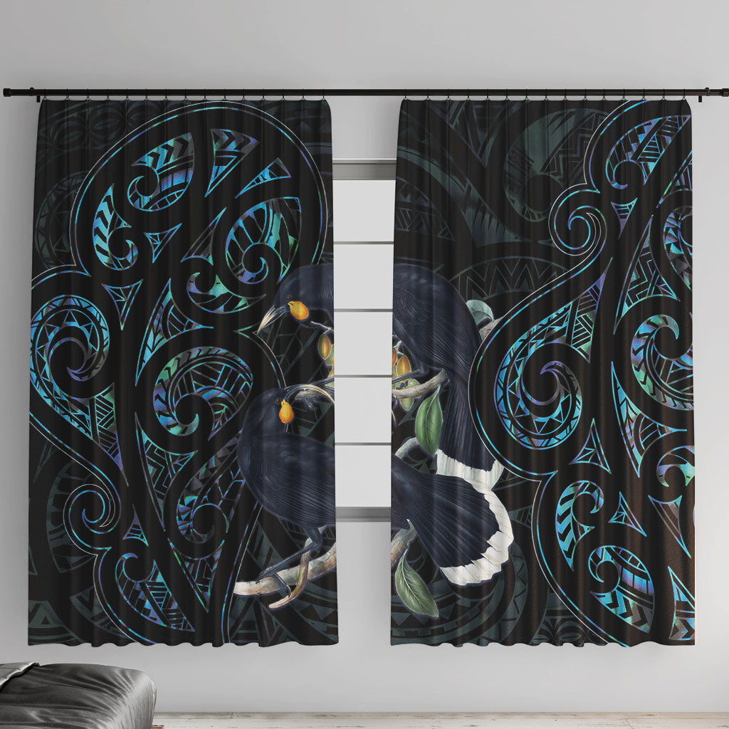 New Zealand Huia Bird Window Curtain Paua Shell Maori Pattern LT22 With Hooks Black - Polynesian Pride