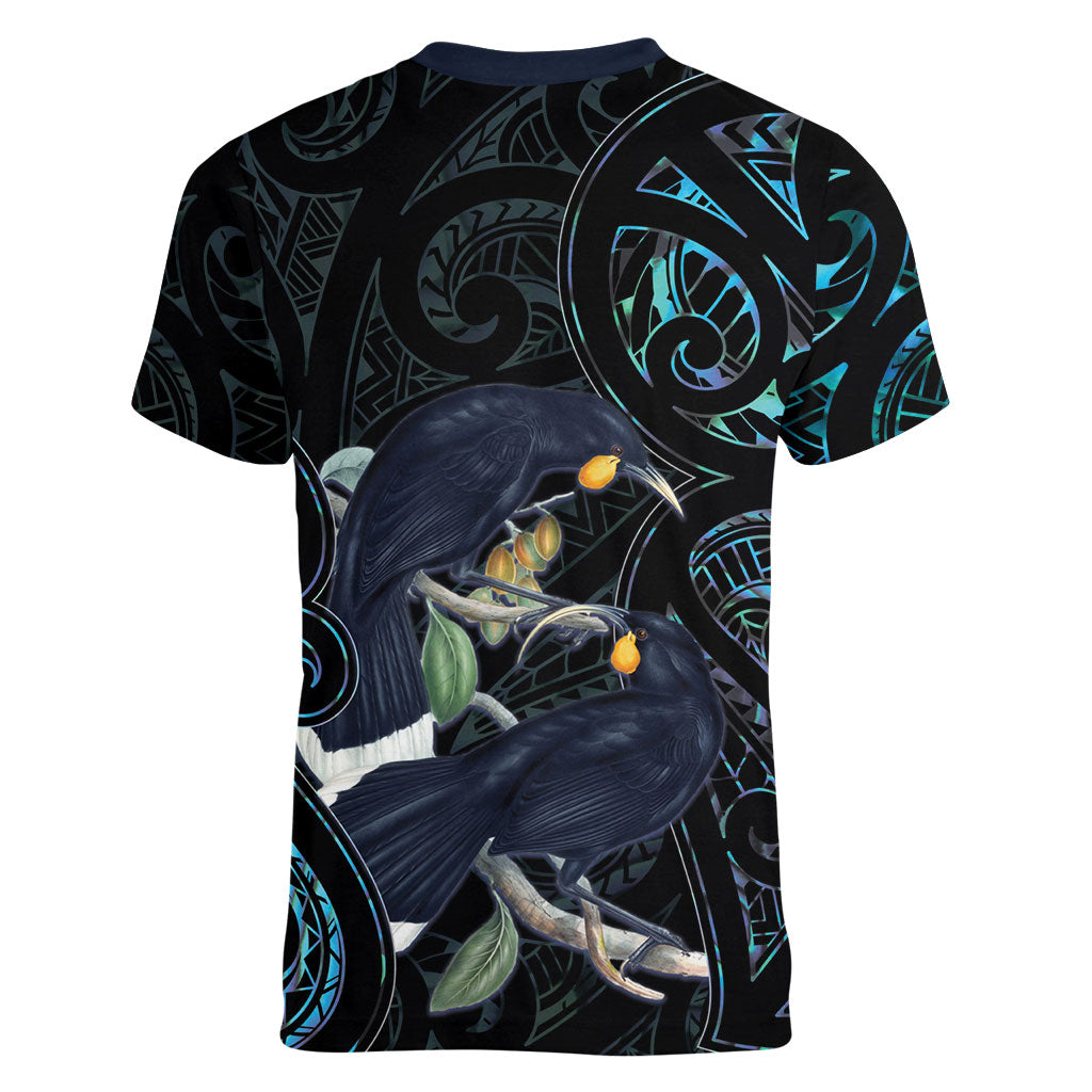 New Zealand Huia Bird Women V-Neck T-Shirt Paua Shell Maori Pattern