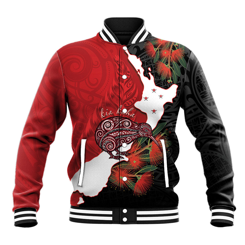 Kiwi New Zealand Personalised Baseball Jacket NZ Map Pohutukawa Fern Maori Pattern LT22 Unisex Red - Polynesian Pride