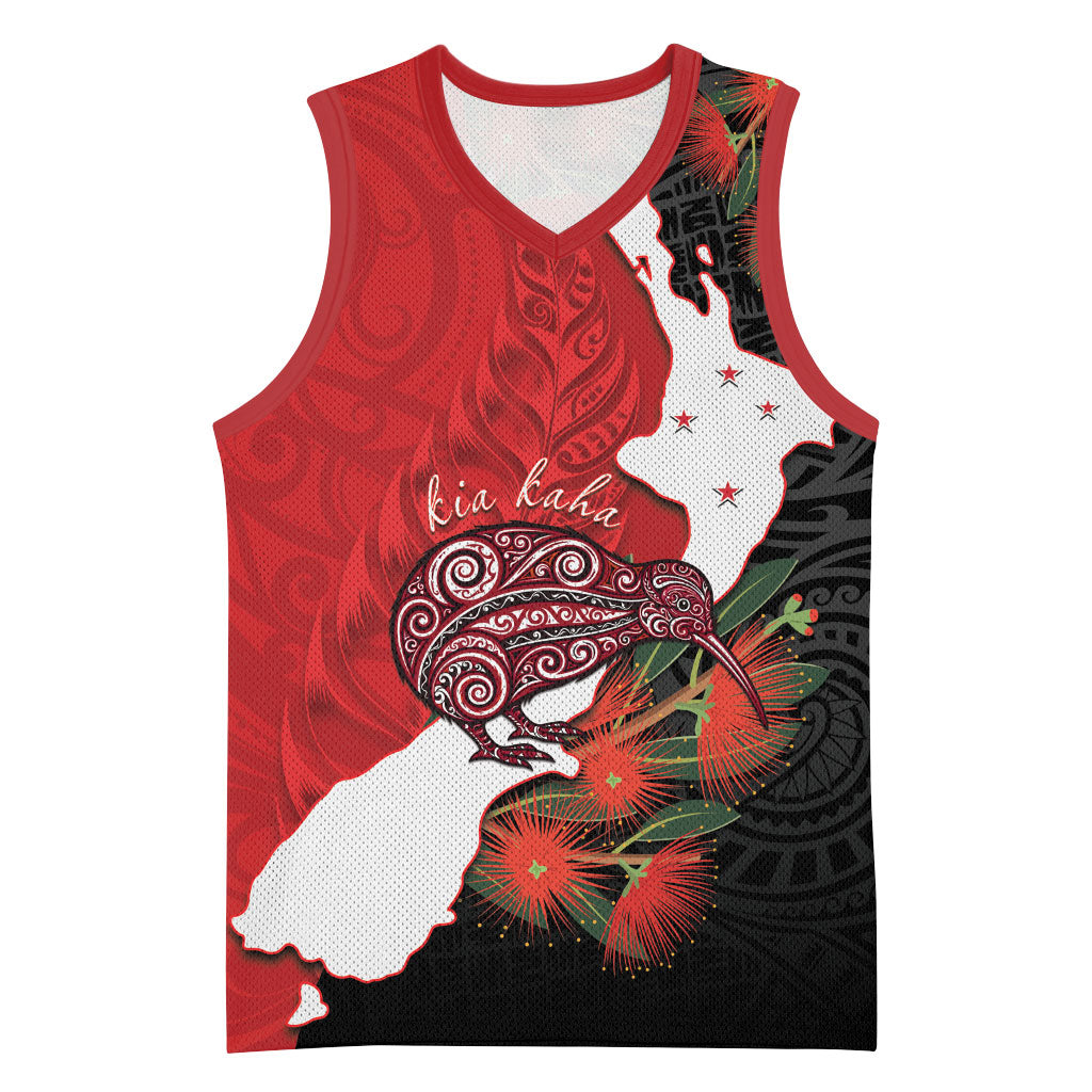 Kiwi New Zealand Personalised Basketball Jersey NZ Map Pohutukawa Fern Maori Pattern LT22 Unisex Red - Polynesian Pride