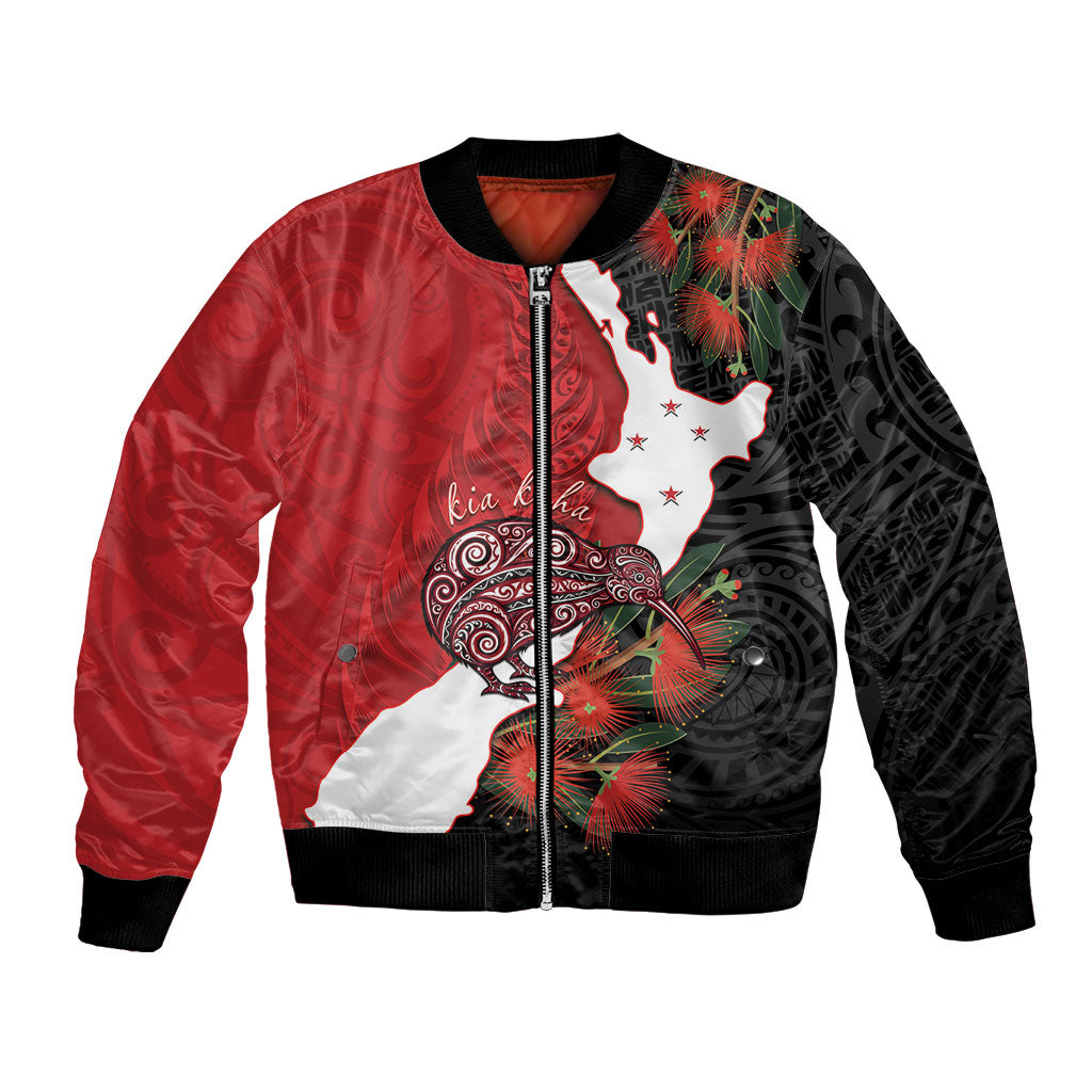 Kiwi New Zealand Personalised Bomber Jacket NZ Map Pohutukawa Fern Maori Pattern LT22 Unisex Red - Polynesian Pride