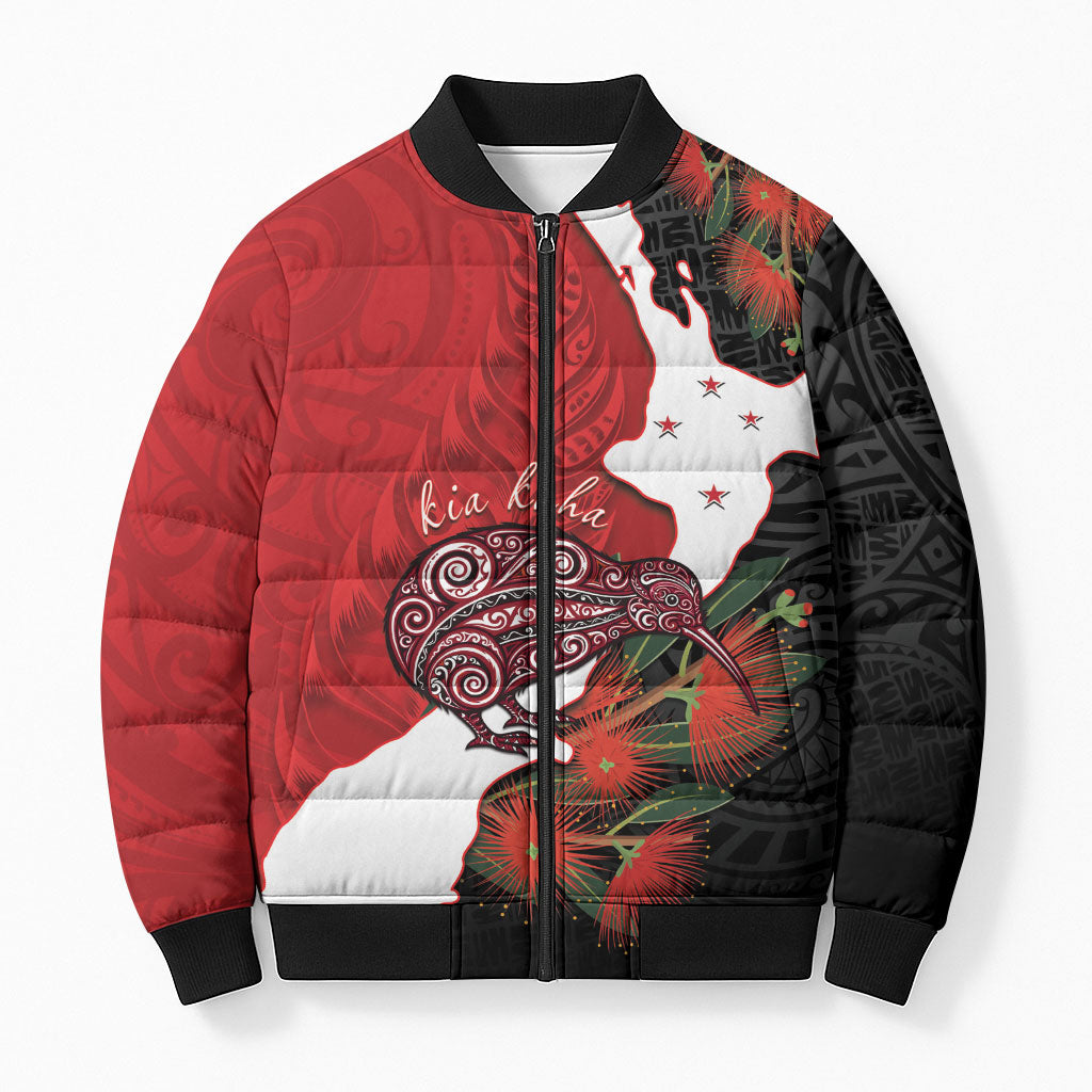 Kiwi New Zealand Personalised Bomber Puffer Jacket NZ Map Pohutukawa Fern Maori Pattern LT22 Unisex Red - Polynesian Pride