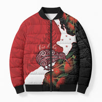 Kiwi New Zealand Personalised Bomber Puffer Jacket NZ Map Pohutukawa Fern Maori Pattern LT22 Unisex Red - Polynesian Pride