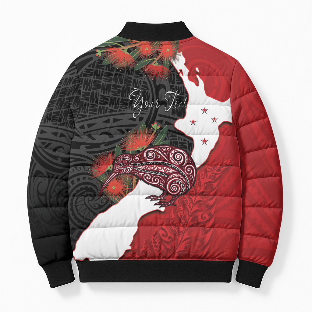 Kiwi New Zealand Personalised Bomber Puffer Jacket NZ Map Pohutukawa Fern Maori Pattern LT22 - Polynesian Pride