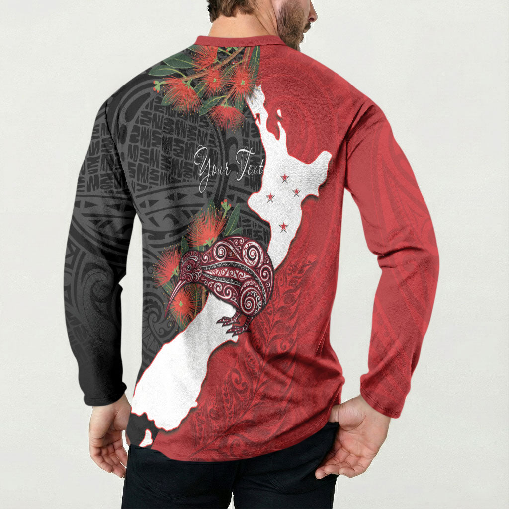 Kiwi New Zealand Personalised Button Sweatshirt NZ Map Pohutukawa Fern Maori Pattern LT22 - Polynesian Pride