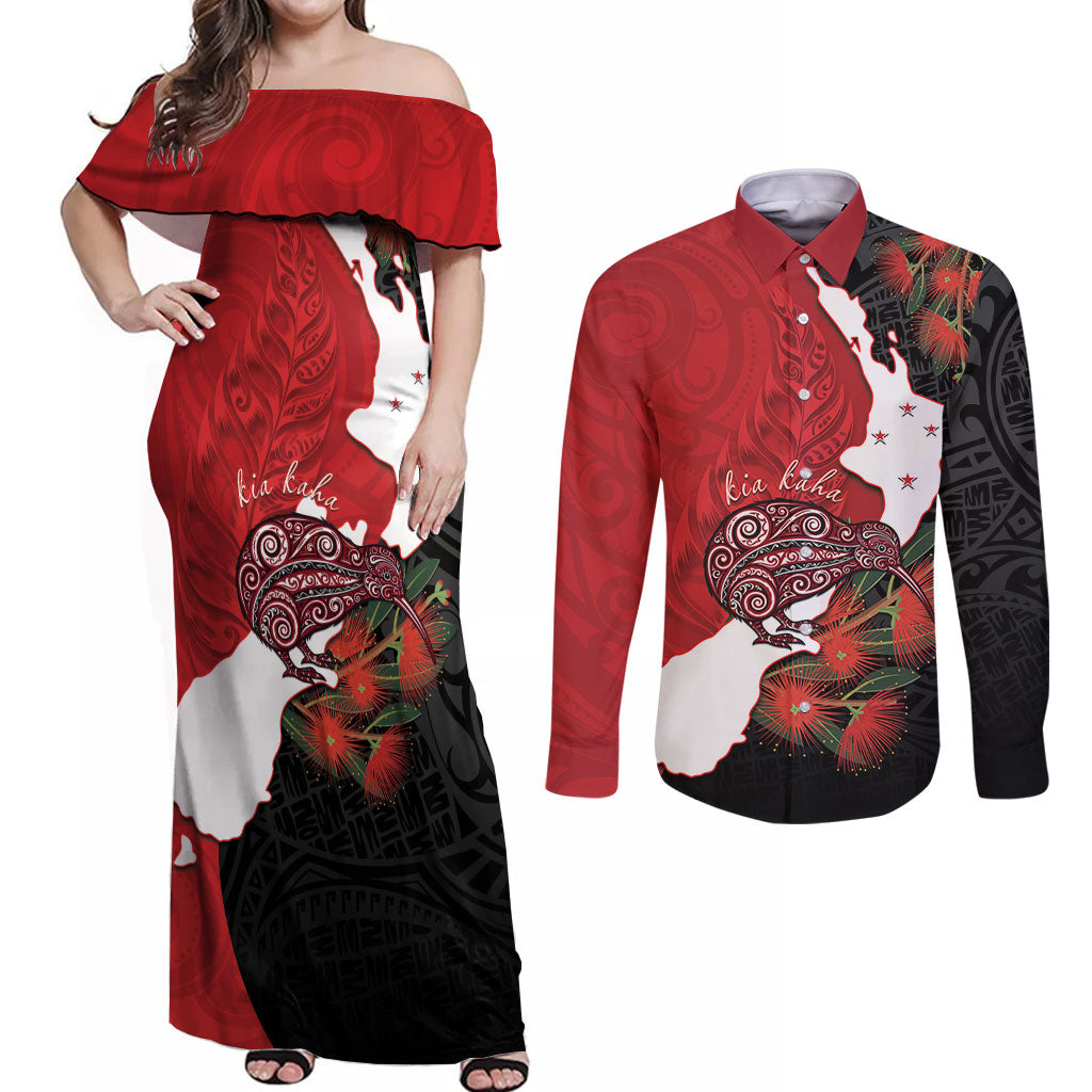 Kiwi New Zealand Personalised Couples Matching Off Shoulder Maxi Dress and Long Sleeve Button Shirt NZ Map Pohutukawa Fern Maori Pattern LT22 Red - Polynesian Pride