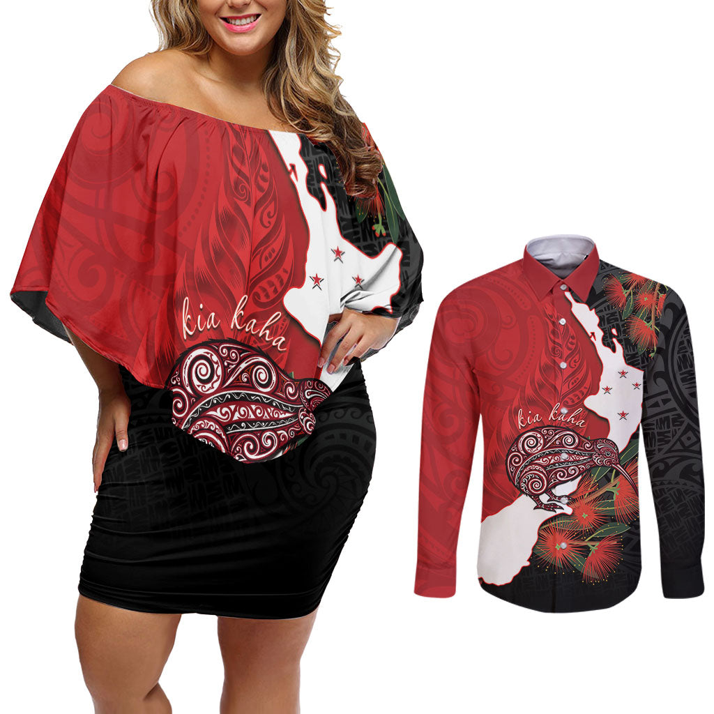 Kiwi New Zealand Personalised Couples Matching Off Shoulder Short Dress and Long Sleeve Button Shirt NZ Map Pohutukawa Fern Maori Pattern LT22 Red - Polynesian Pride
