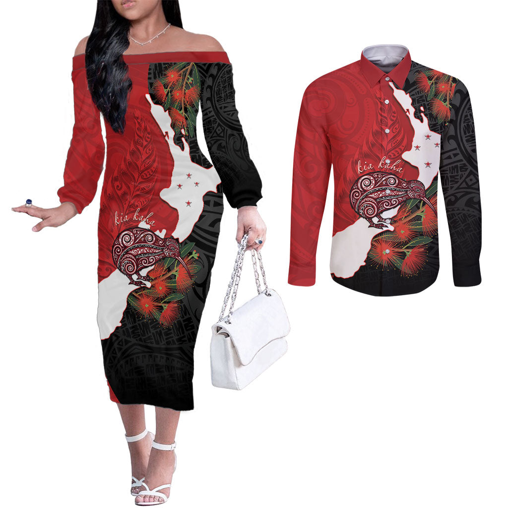 Kiwi New Zealand Personalised Couples Matching Off The Shoulder Long Sleeve Dress and Long Sleeve Button Shirt NZ Map Pohutukawa Fern Maori Pattern LT22 Red - Polynesian Pride