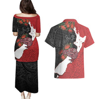 Kiwi New Zealand Personalised Couples Matching Puletasi and Hawaiian Shirt NZ Map Pohutukawa Fern Maori Pattern
