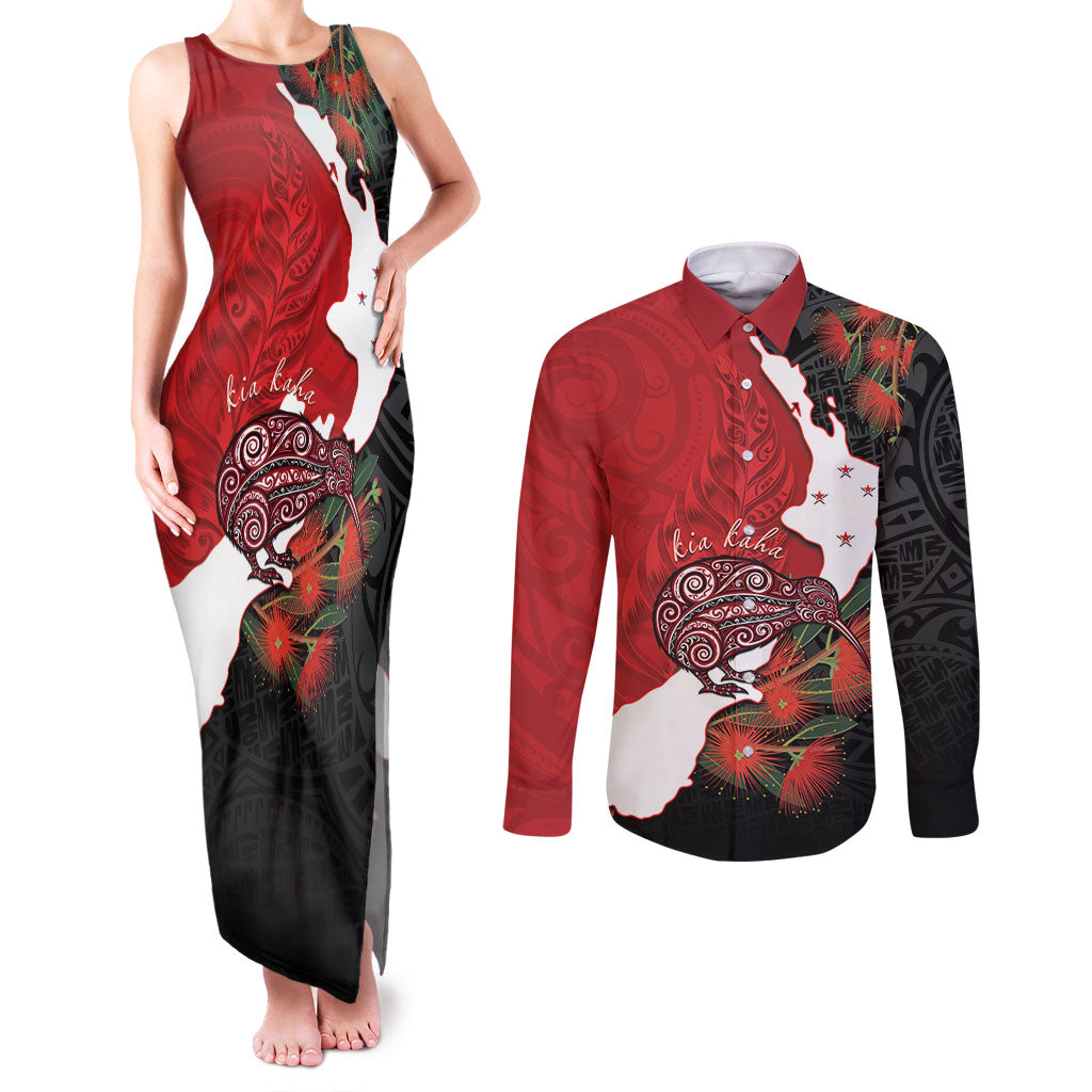 Kiwi New Zealand Personalised Couples Matching Tank Maxi Dress and Long Sleeve Button Shirt NZ Map Pohutukawa Fern Maori Pattern LT22 Red - Polynesian Pride
