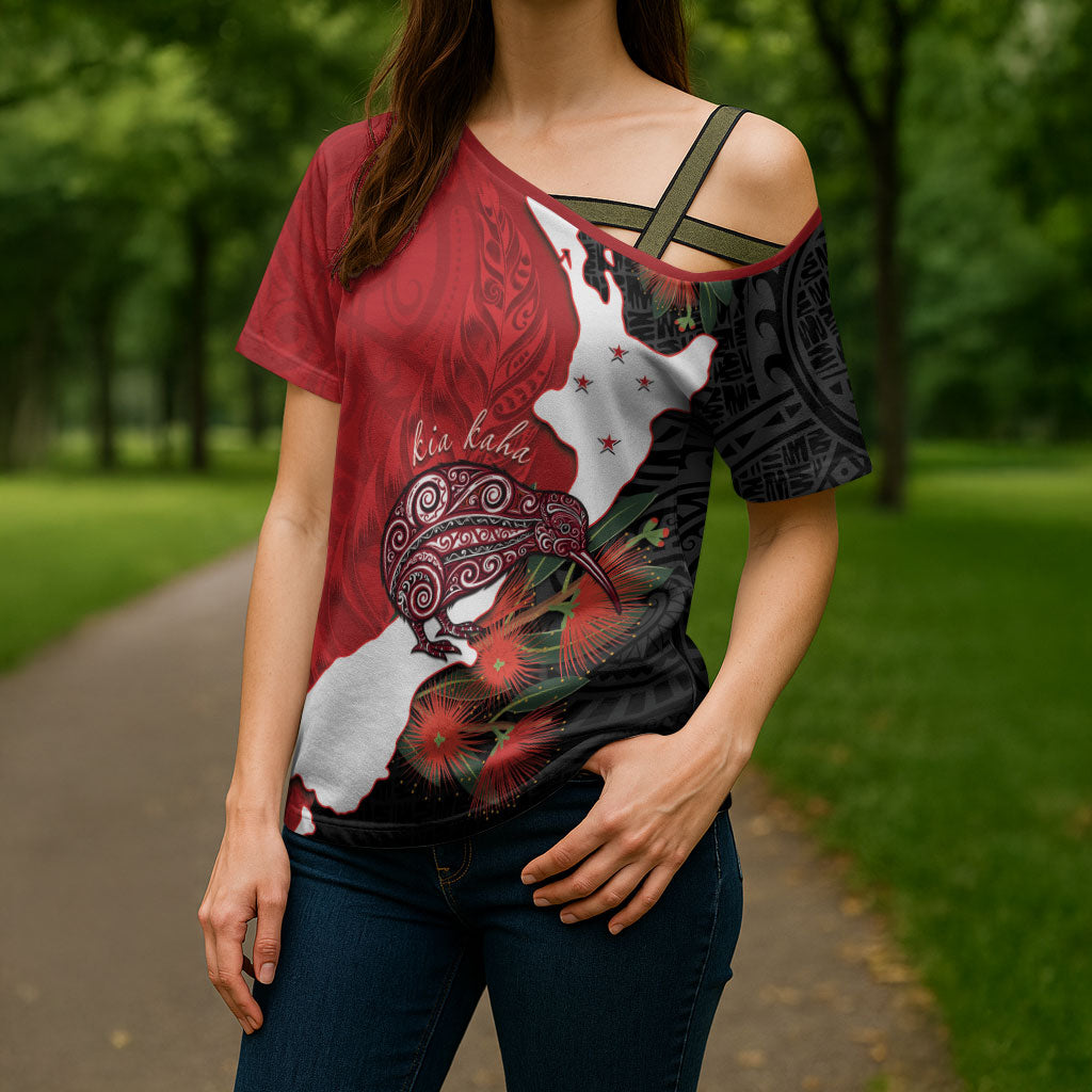 Kiwi New Zealand Personalised Cross Shoulder Shirt NZ Map Pohutukawa Fern Maori Pattern LT22 - Polynesian Pride