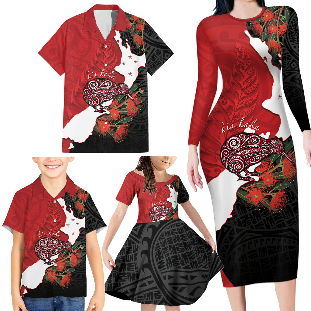 Kiwi New Zealand Personalised Family Matching Long Sleeve Bodycon Dress and Hawaiian Shirt NZ Map Pohutukawa Fern Maori Pattern LT22 - Polynesian Pride