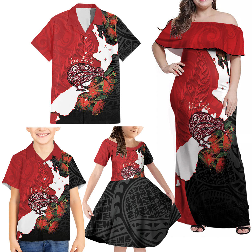 Kiwi New Zealand Personalised Family Matching Off Shoulder Maxi Dress and Hawaiian Shirt NZ Map Pohutukawa Fern Maori Pattern