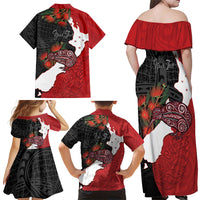 Kiwi New Zealand Personalised Family Matching Off Shoulder Maxi Dress and Hawaiian Shirt NZ Map Pohutukawa Fern Maori Pattern