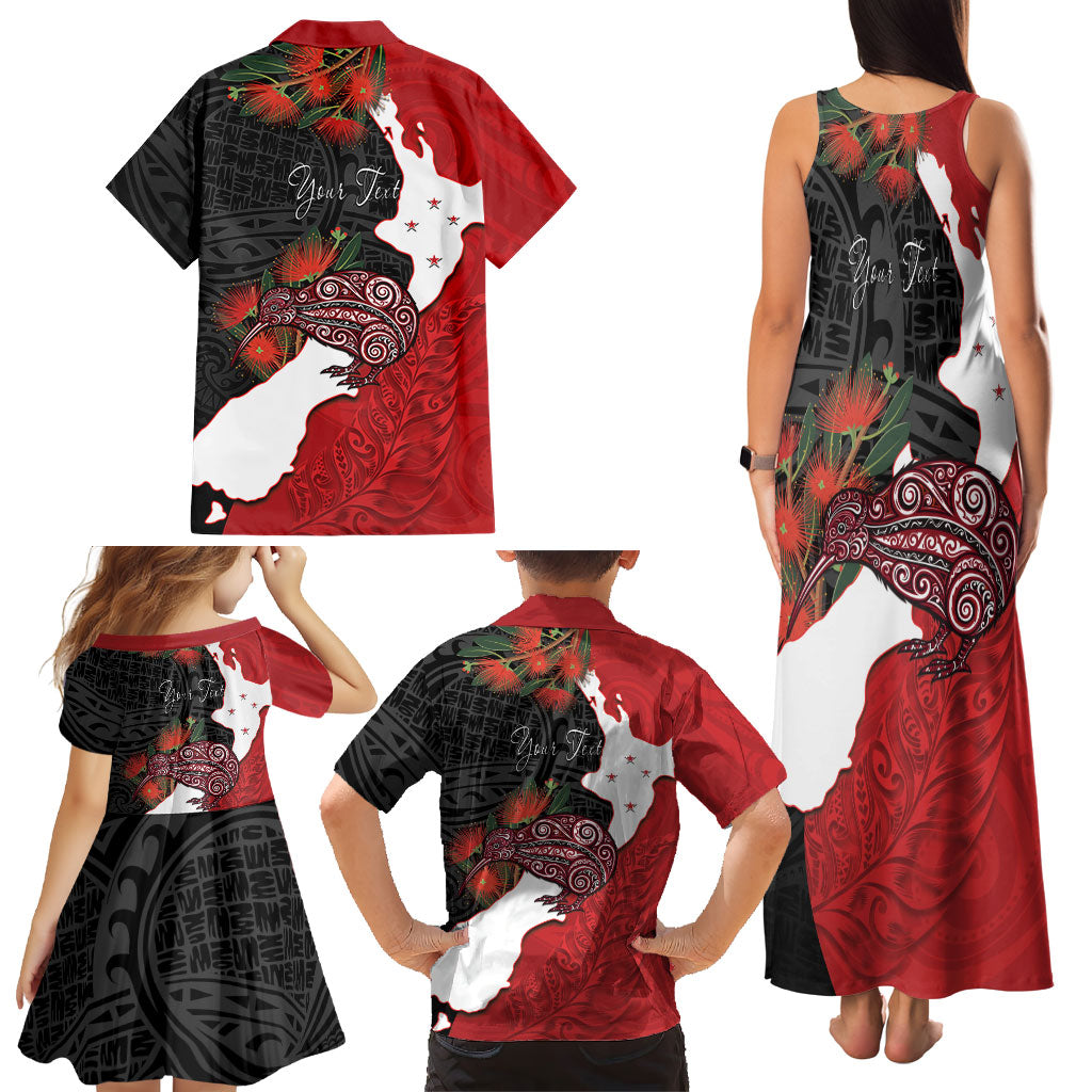 Kiwi New Zealand Personalised Family Matching Tank Maxi Dress and Hawaiian Shirt NZ Map Pohutukawa Fern Maori Pattern