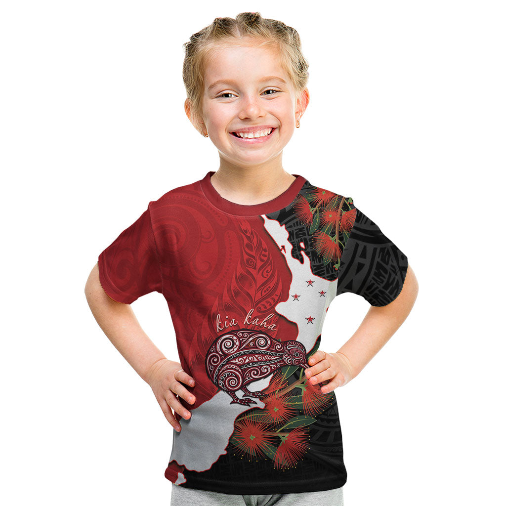 Kiwi New Zealand Personalised Kid T Shirt NZ Map Pohutukawa Fern Maori Pattern LT22 Red - Polynesian Pride