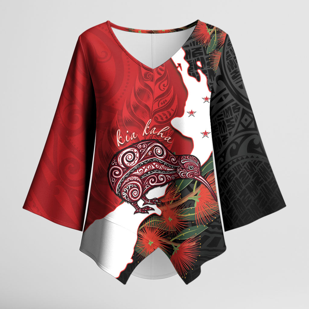 Kiwi New Zealand Personalised Kimono Sleeve Blouse NZ Map Pohutukawa Fern Maori Pattern LT22 Female Red - Polynesian Pride