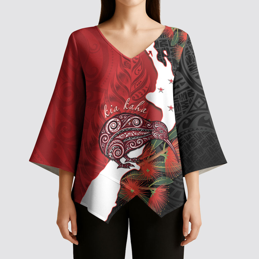Kiwi New Zealand Personalised Kimono Sleeve Blouse NZ Map Pohutukawa Fern Maori Pattern LT22 - Polynesian Pride