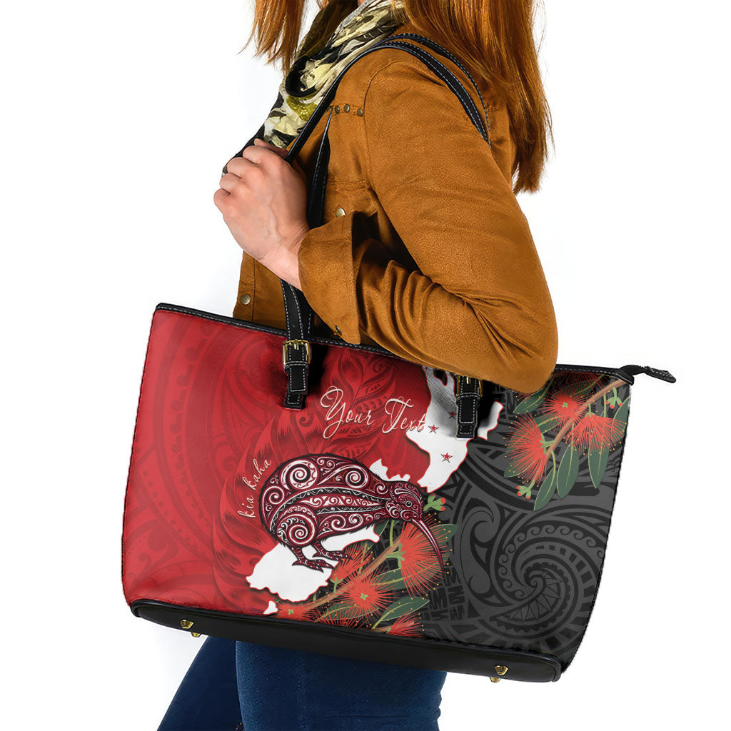 Kiwi New Zealand Personalised Leather Tote Bag NZ Map Pohutukawa Fern Maori Pattern LT22 Red - Polynesian Pride