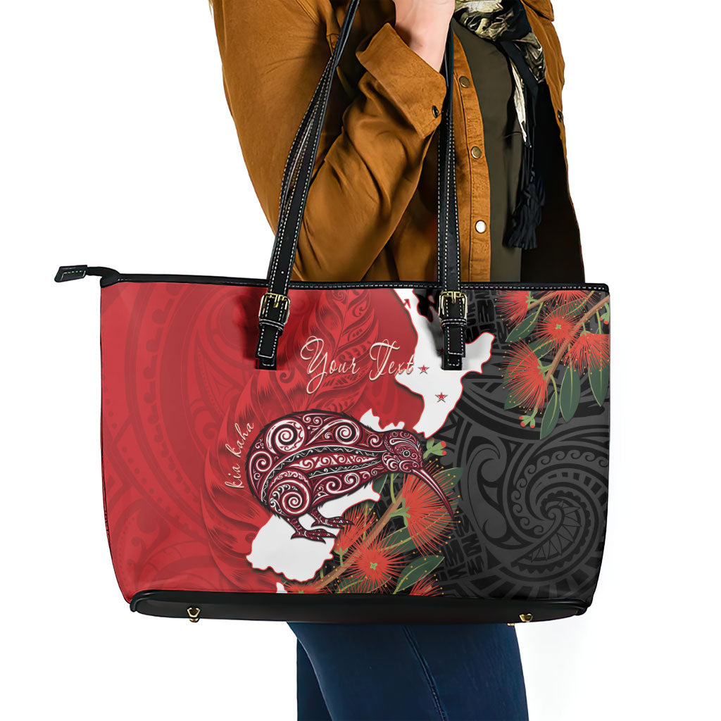 Kiwi New Zealand Personalised Leather Tote Bag NZ Map Pohutukawa Fern Maori Pattern LT22 - Polynesian Pride