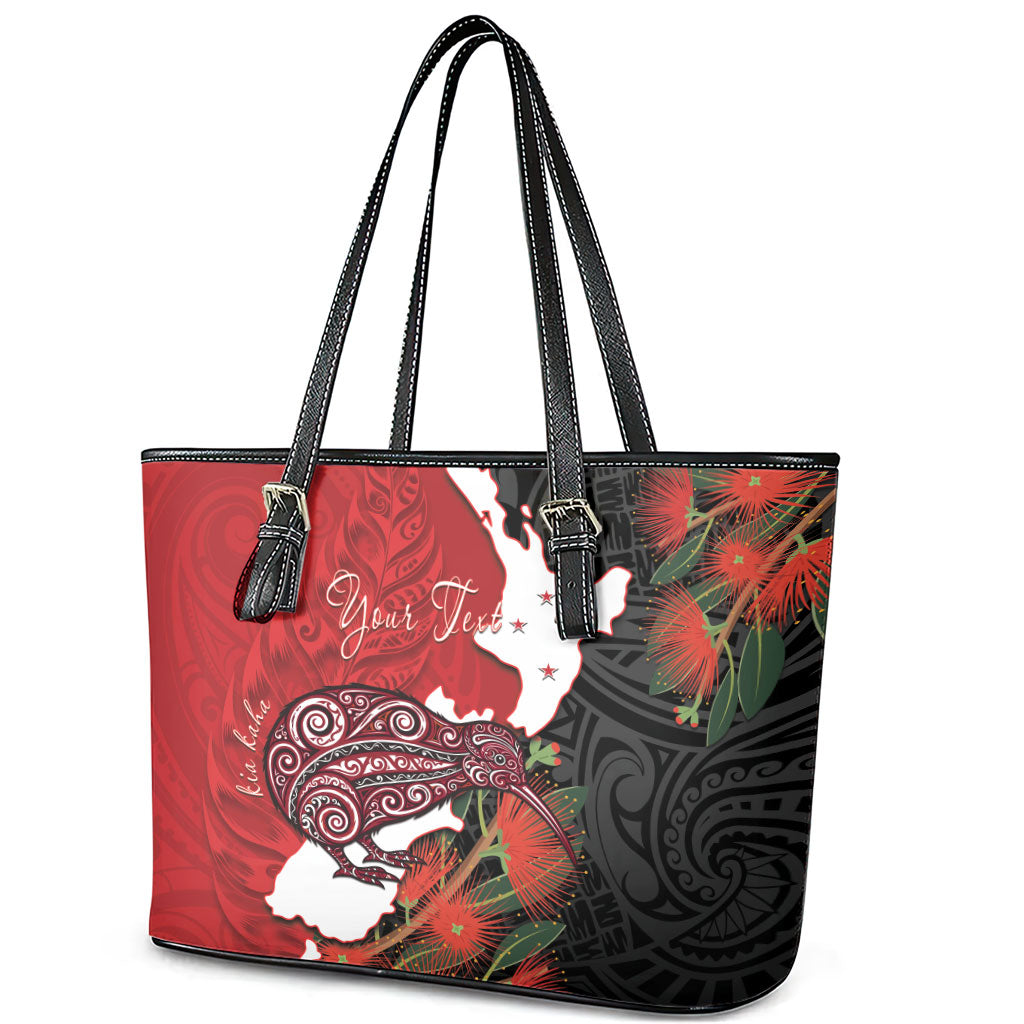 Kiwi New Zealand Personalised Leather Tote Bag NZ Map Pohutukawa Fern Maori Pattern LT22 - Polynesian Pride