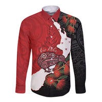 Kiwi New Zealand Personalised Long Sleeve Button Shirt NZ Map Pohutukawa Fern Maori Pattern LT22 Unisex Red - Polynesian Pride