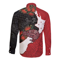 Kiwi New Zealand Personalised Long Sleeve Button Shirt NZ Map Pohutukawa Fern Maori Pattern LT22 - Polynesian Pride