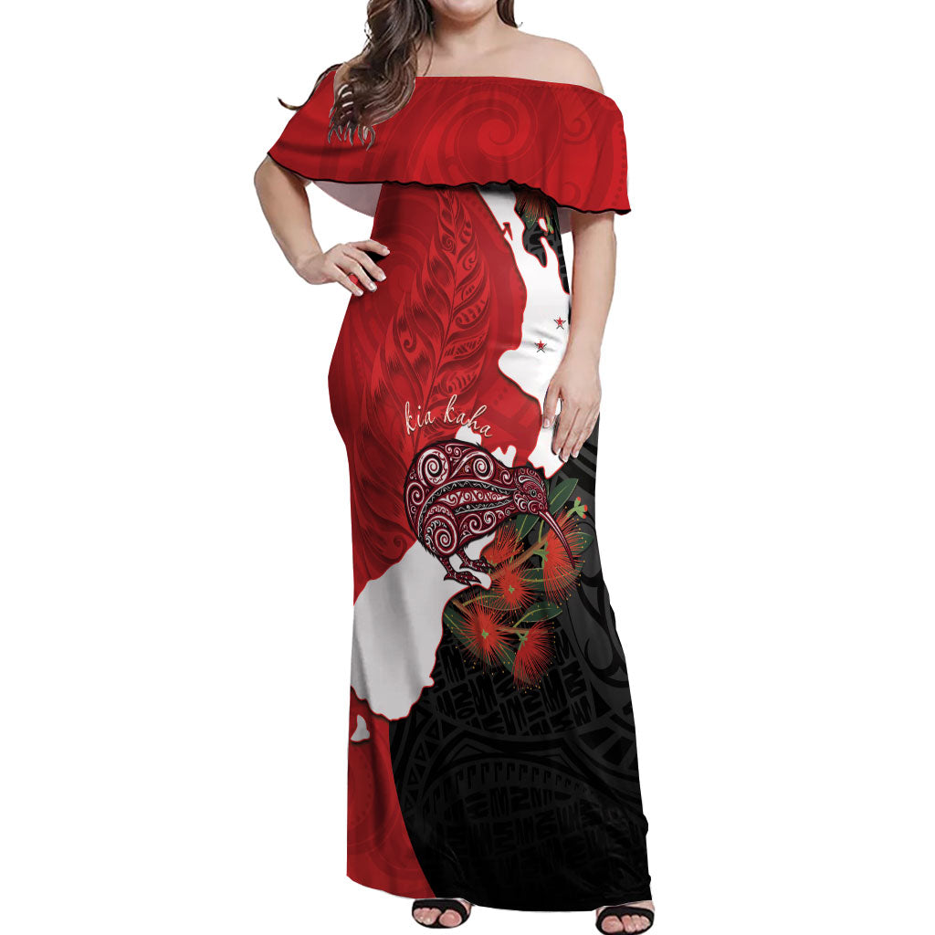 Kiwi New Zealand Personalised Off Shoulder Maxi Dress NZ Map Pohutukawa Fern Maori Pattern