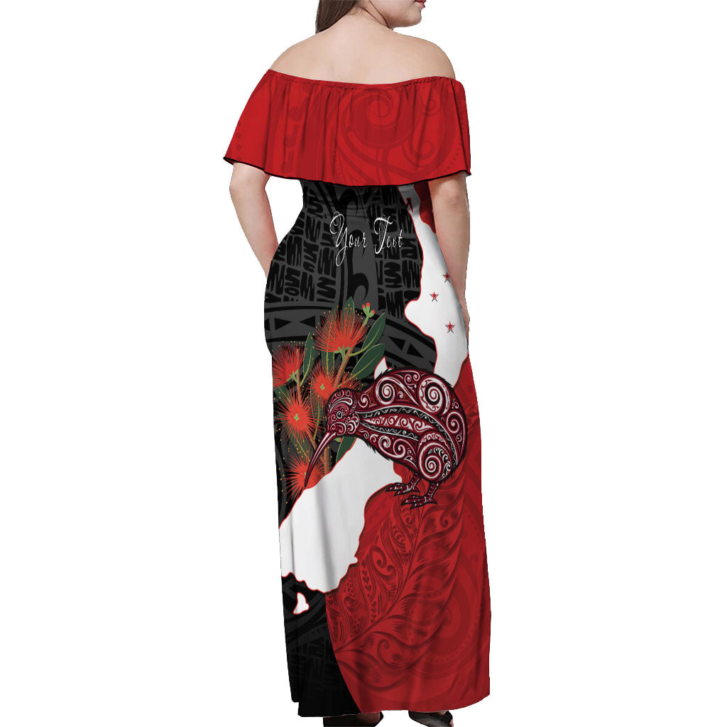 Kiwi New Zealand Personalised Off Shoulder Maxi Dress NZ Map Pohutukawa Fern Maori Pattern
