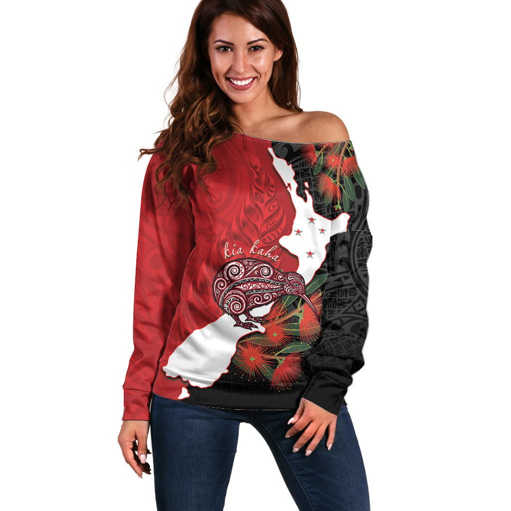 Kiwi New Zealand Personalised Off Shoulder Sweater NZ Map Pohutukawa Fern Maori Pattern LT22 Women Red - Polynesian Pride