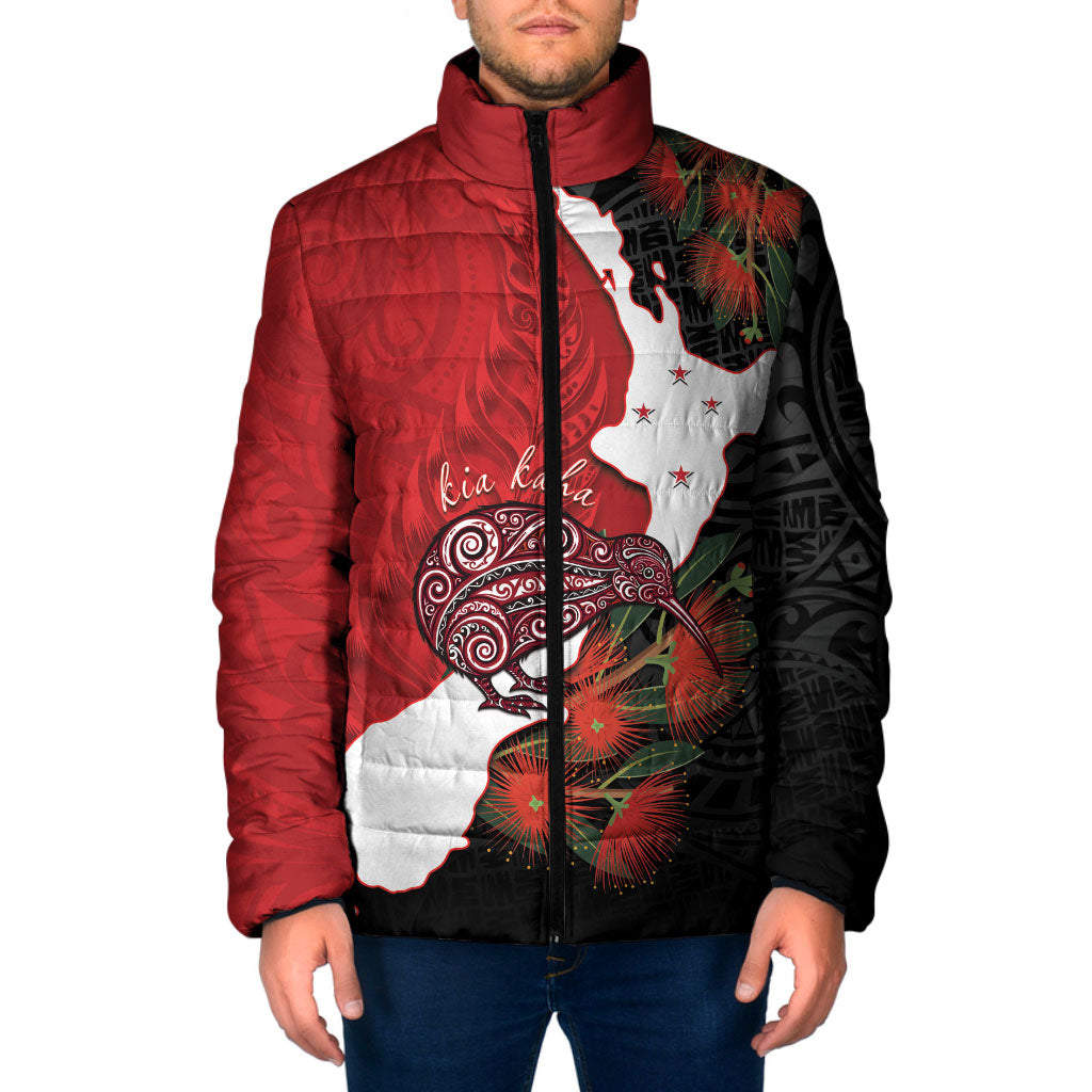 Kiwi New Zealand Personalised Padded Jacket NZ Map Pohutukawa Fern Maori Pattern LT22 Men Red - Polynesian Pride