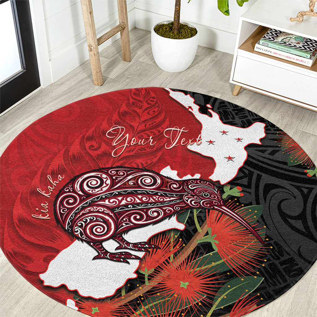 Kiwi New Zealand Personalised Round Carpet NZ Map Pohutukawa Fern Maori Pattern LT22 Red - Polynesian Pride
