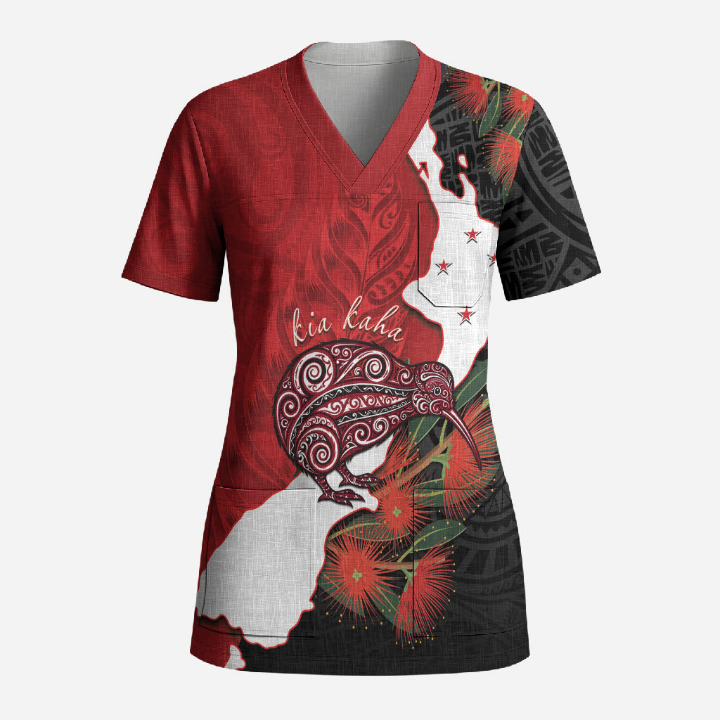 Kiwi New Zealand Personalised Scrub Top NZ Map Pohutukawa Fern Maori Pattern LT22 Adult Red - Polynesian Pride