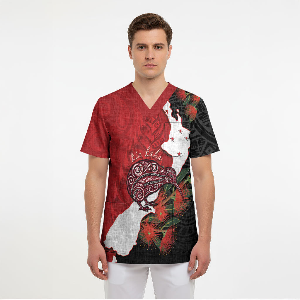 Kiwi New Zealand Personalised Scrub Top NZ Map Pohutukawa Fern Maori Pattern LT22 - Polynesian Pride