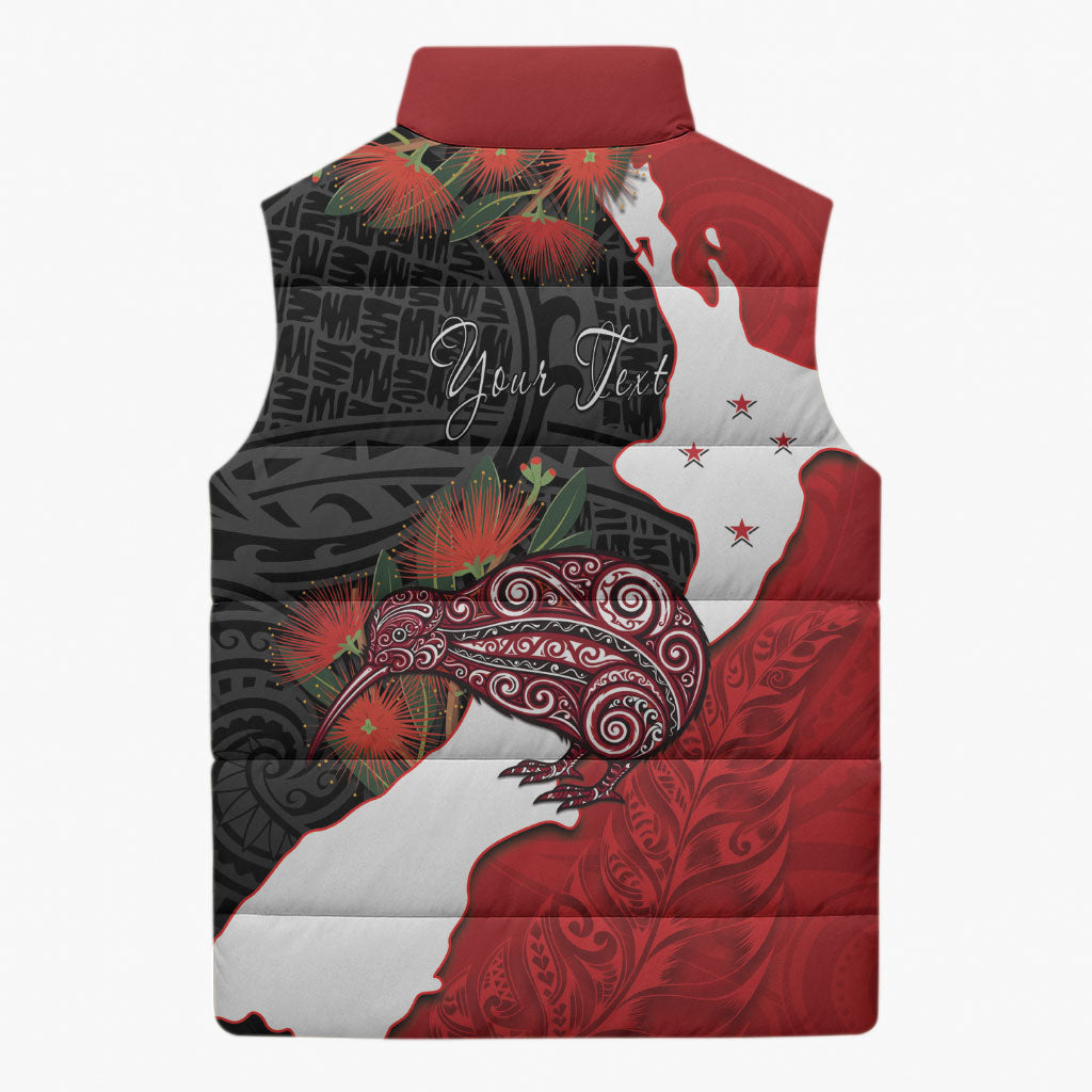 Kiwi New Zealand Personalised Sleeveless Puffer Jacket NZ Map Pohutukawa Fern Maori Pattern LT22 - Polynesian Pride
