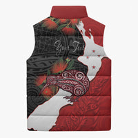 Kiwi New Zealand Personalised Sleeveless Puffer Jacket NZ Map Pohutukawa Fern Maori Pattern LT22 - Polynesian Pride