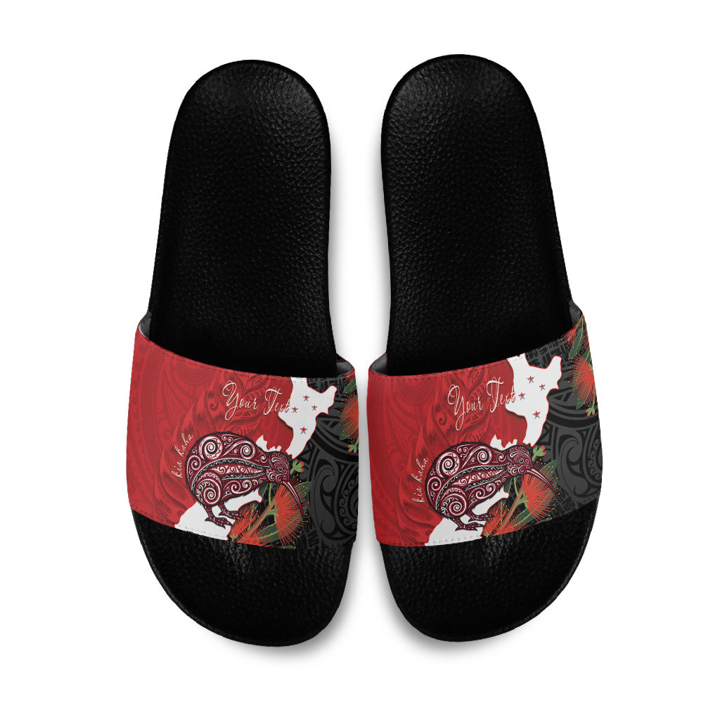 Kiwi New Zealand Personalised Slide Sandals NZ Map Pohutukawa Fern Maori Pattern LT22 Red - Polynesian Pride