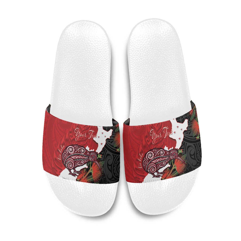 Kiwi New Zealand Personalised Slide Sandals NZ Map Pohutukawa Fern Maori Pattern LT22 Red - Polynesian Pride