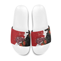 Kiwi New Zealand Personalised Slide Sandals NZ Map Pohutukawa Fern Maori Pattern LT22 Red - Polynesian Pride