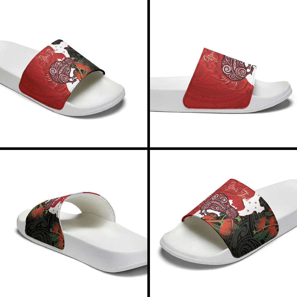 Kiwi New Zealand Personalised Slide Sandals NZ Map Pohutukawa Fern Maori Pattern LT22 - Polynesian Pride