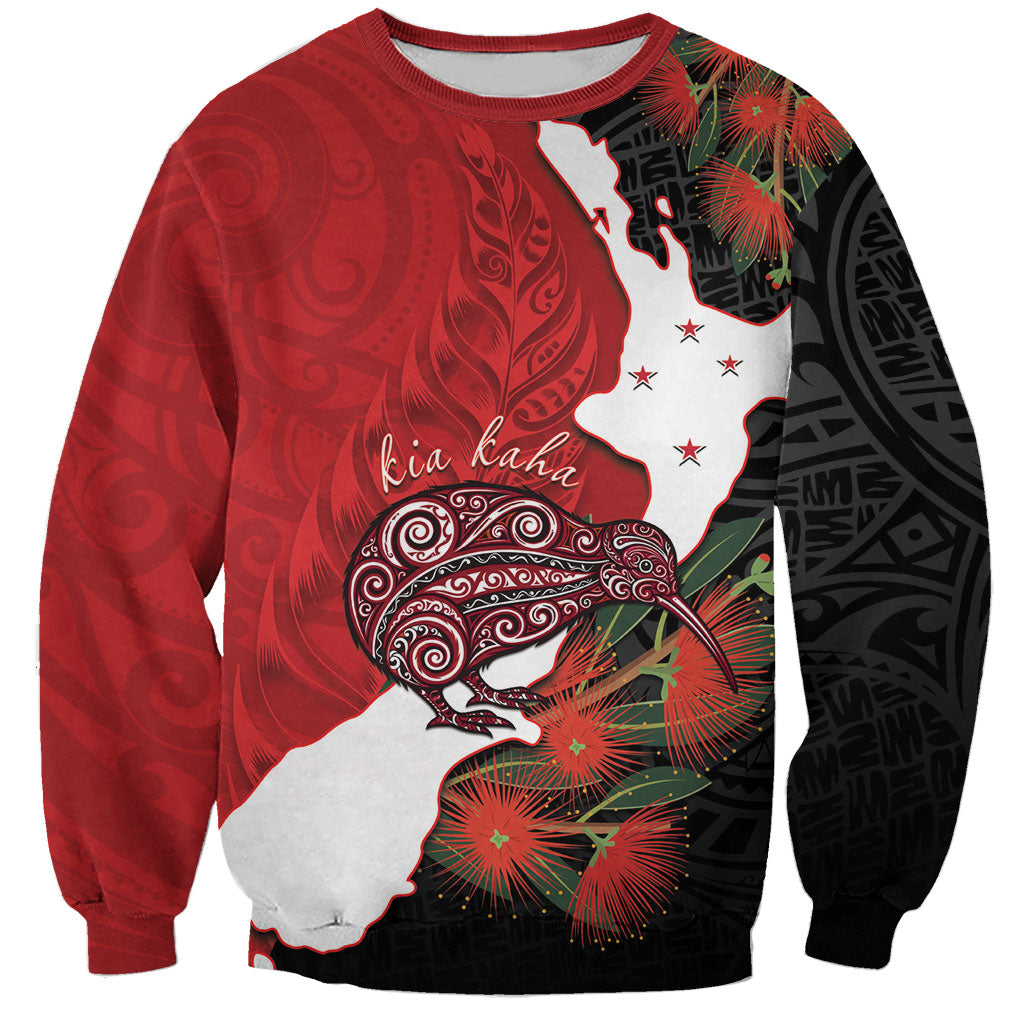 Kiwi New Zealand Personalised Sweatshirt NZ Map Pohutukawa Fern Maori Pattern LT22 Unisex Red - Polynesian Pride
