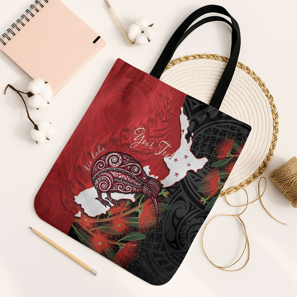 Kiwi New Zealand Personalised Tote Bag NZ Map Pohutukawa Fern Maori Pattern LT22 Black Strap One Size Red - Polynesian Pride