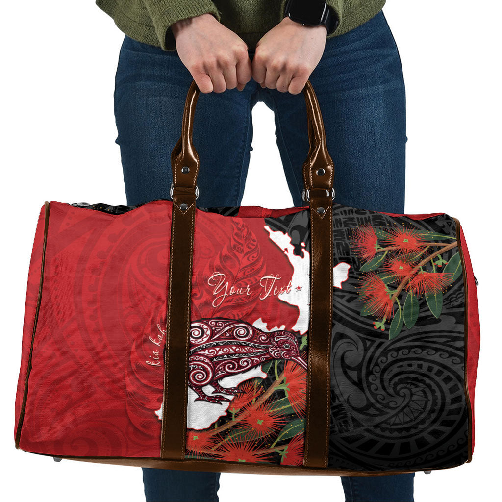 Kiwi New Zealand Personalised Travel Bag NZ Map Pohutukawa Fern Maori Pattern LT22 Red - Polynesian Pride