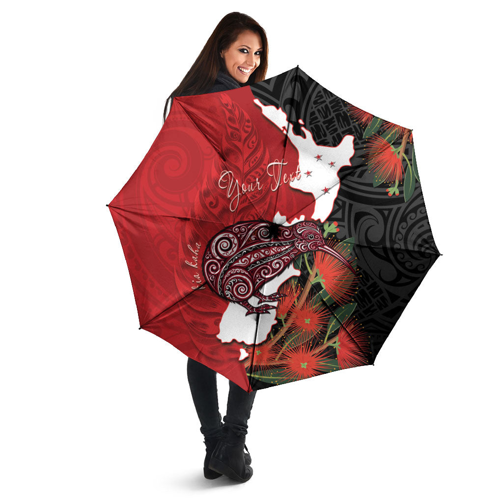 Kiwi New Zealand Personalised Umbrella NZ Map Pohutukawa Fern Maori Pattern LT22 - Polynesian Pride