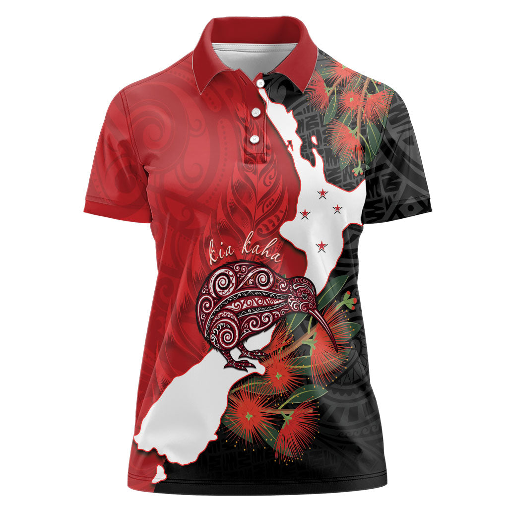 Kiwi New Zealand Personalised Women Polo Shirt NZ Map Pohutukawa Fern Maori Pattern LT22 Female Red - Polynesian Pride