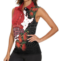 Kiwi New Zealand Personalised Women Sleeveless Polo Shirt NZ Map Pohutukawa Fern Maori Pattern