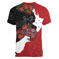Kiwi New Zealand Personalised Women V-Neck T-Shirt NZ Map Pohutukawa Fern Maori Pattern