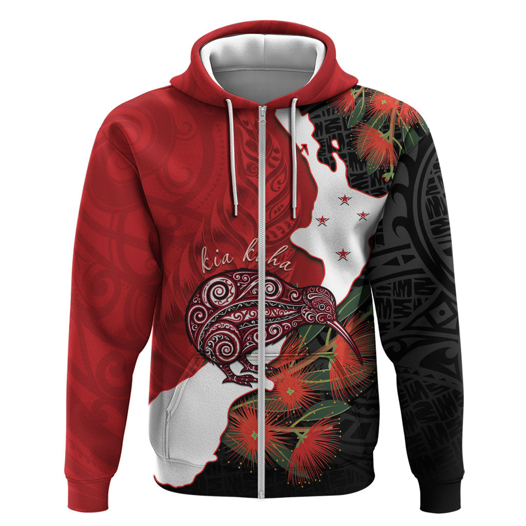 Kiwi New Zealand Personalised Zip Hoodie NZ Map Pohutukawa Fern Maori Pattern LT22 Zip Hoodie Red - Polynesian Pride