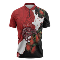 Kiwi New Zealand Personalised Zipper Polo Shirt NZ Map Pohutukawa Fern Maori Pattern LT22 Red - Polynesian Pride